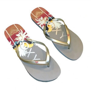 Roxy Silver Slide On Floral Logo Flip Flops Women’s Size 10 / 11